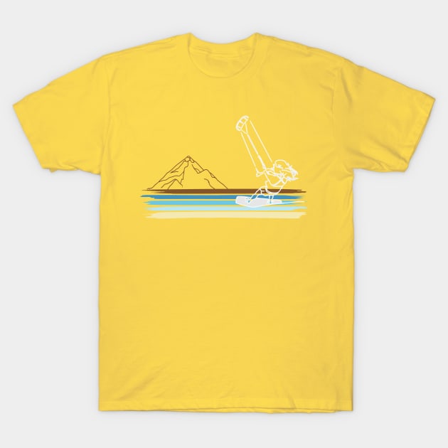 Kitesurfing Beach line art graphic with mountain background T-Shirt by Surfer Dave Designs